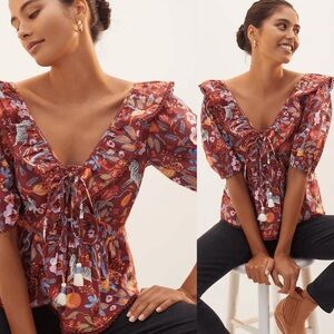 Anthropologie Maeve Ruffled tie front Floral animal print Blouse size small
